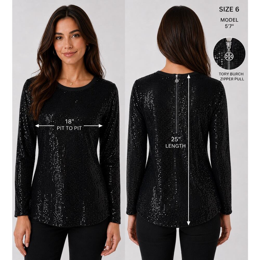 Tory Burch Sequined 100% SILK Black Top Women Size 6 GLAM Sexy Designer Holiday